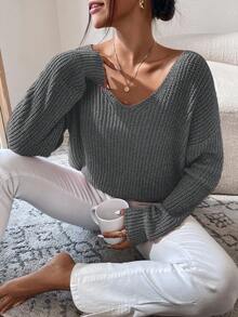 SHEIN Cottnline 女士v領下垂肩長袖套頭毛衣 - 深灰色 - 查看 5