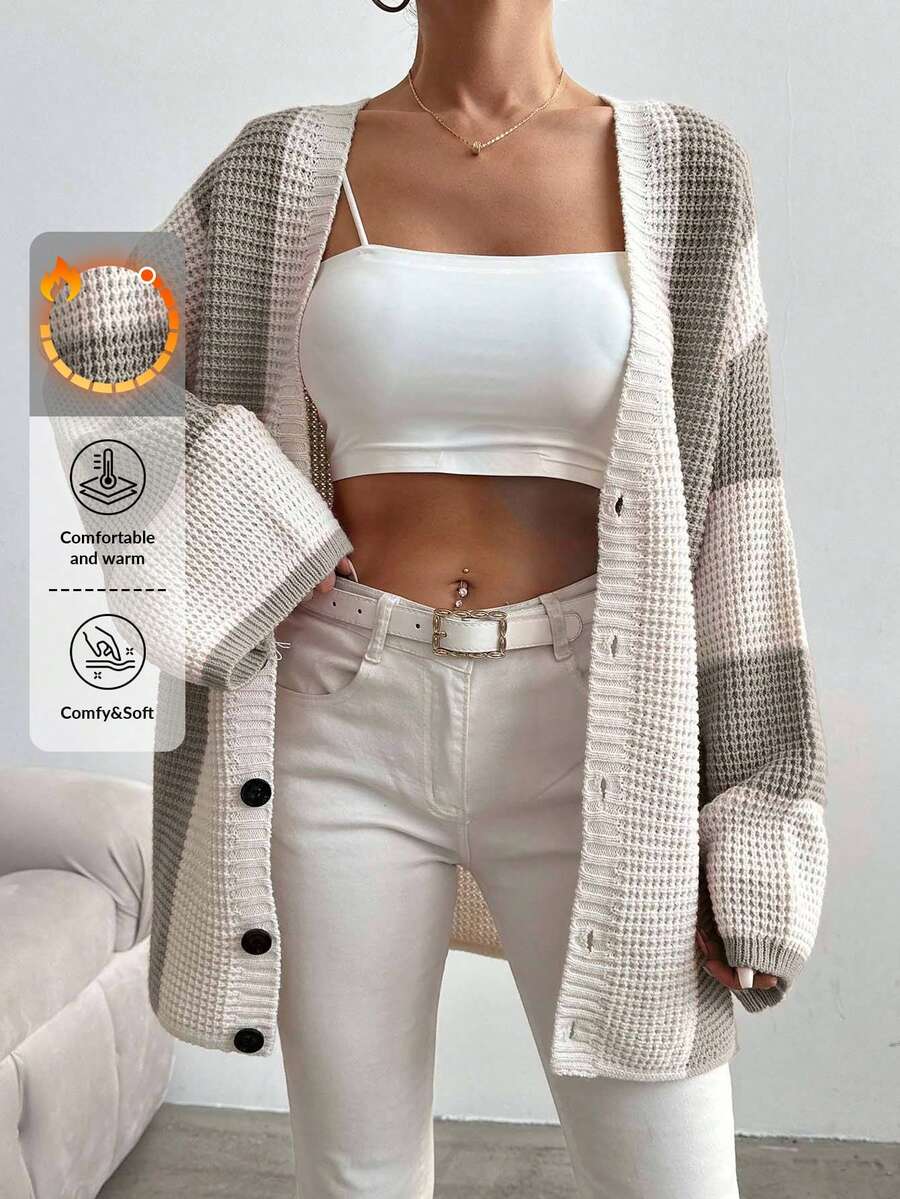SHEIN Cárdigan Para Mujer Con Mangas De Murciélago En Bloques De Color Y Sin Cinturón - Marrón Mocha - Ver 1