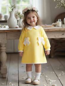 SHEIN 女婴针织领长袖毛衣裙，秋冬舒适，手工蝴蝶结设计，优雅可爱，百搭日常穿着，适合居家、外出、旅行、上学、托儿所 - 黃色 - 查看 1