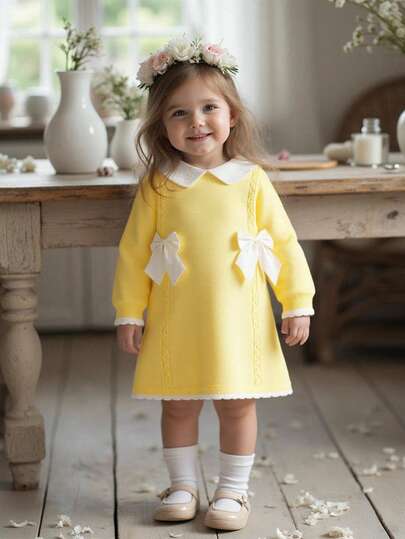 SHEIN Baby Girls Knitted Collared Long Sleeve Sweater Dress, Comfortable For Autumn/Winter, Handmade Bow Design, Elegant & Cute, Versatile For Daily Wear, Suitable For Home, Outings, Travel, School, Daycare Yellow Toddler Dress Baby Girl Peter Pan Collar Dress Baby Girl Dress Yellow Toddler Dress Peter Pan Collar Yellow Yellow Toddler Dress Peter Pan Collar Christmas Baby