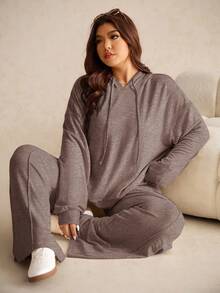 SHEIN Elaquor Bộ đồ 2 món thường ngày cho nữ cỡ lớn, áo hoodie dài tay trễ vai màu trơn có dây rút và quần ống rộng - màu nâu - Xem 4