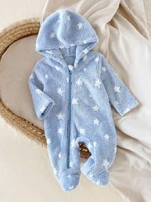 SHEIN 新生儿简约时尚可爱波尔卡圆点长袖连帽羊毛连体睡衣 - 淺藍色 - 查看 3