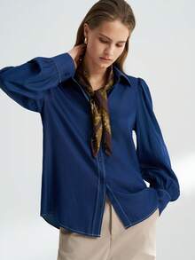 INAWLY Women's Solid Color Casual Shirt, Suitable For Commuting In Autumn - Blue - View 4