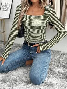 SHEIN LUNE تي شيرت كاجوال طويل الأكمام بياقة مربعة مخطط للنساء - أخضر - مشاهدة 5