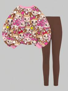 SHEIN Leap Crew 2pcs Tween Girl Cartoon Pattern Crew Neck Long Sleeve Sweatshirt And Leggings Set, Suitable For Autumn/Winter Fall - Multicolor - View 2