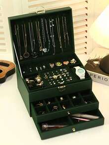 1PC 3 Layer Faux Leather Jewelry Box Necklace Earring Organizer Gold Large Capacity Storage With Lock Soft Lined Drawer Valentine Gift For PC - Multicolor - View 6