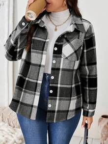 EMERY ROSE Chaqueta casual de manga larga con botones y bolsillo con estampado a cuadros para mujer de talla grande, camisa casual de uso diario para mujer - Negro - Ver 6