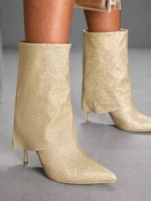 CUCCOO SZL Women's Pointed Toe High Heel Boots, Glitter Fabric Design, Fashionable, Comfortable For Daily, Party, And Banquet, Side Zipper Closure