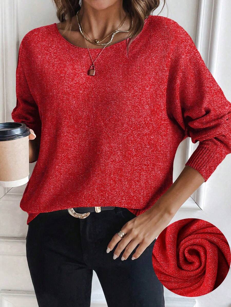 SHEIN LUNE Áo len dệt kim nữ thường ngày, thiết kế cánh dơi rộng rãi thoải mái, sợi len đỏ và trắng - Đỏ - Xem 1