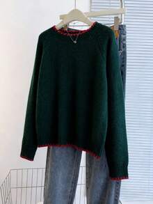 Franclia Casual Loose Fit Round Neck Long Sleeve Knitted Contrast Trim Raglan Sleeve Apricot Women Pullover Sweater, Spring/Autumn - Dark Green - View 3