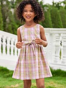 Joliand Joliand 1 Pc Young Girl Elegant Pink Plaid Sleeveless Dress,Summer Fairy Style,Matching Family Vacation Holiday Outing,Urban School Party Wedding Dresses - Multicolor - View 6