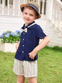 Joliand Joliand 2pcs Young Boys Elegant Urban Khaki Stripe Pattern Bow Tie Decorated Navy Blue Collar Shirt And Striped Shorts Suits, Gentlemen Outfits Suitable For Wedding, Party, Outing, Picnic, Summer Young Boys Suit Set Young Boys Casual Sets Youth Boys Suit Dress Clothes For Boys - Multicolor - View 6