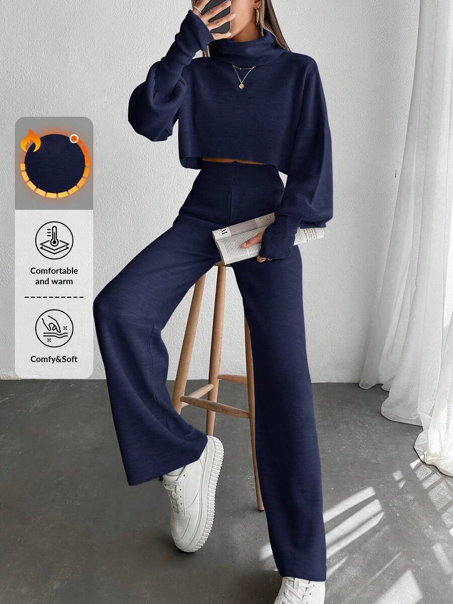 EURMUSE 2pcs Women Plain High Collar Long Sleeve Top And Pants Set - Navy Blue - View 1