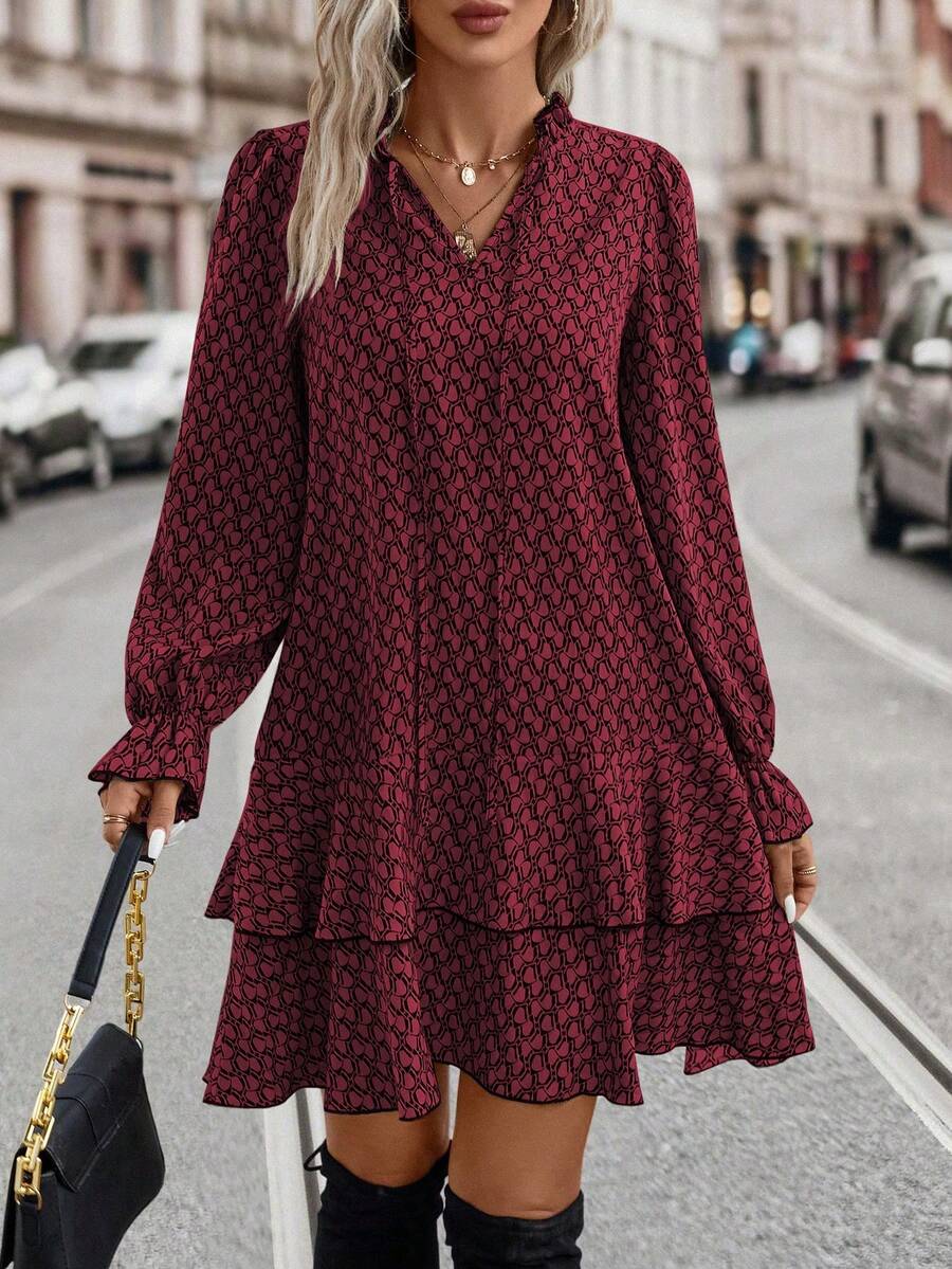 EMERY ROSE Women's Geometric Print Ruffle Trim Long Sleeve Casual Swing Dress - Burgundy - View 1