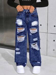 SHEIN Jeans anchos con efecto desgastado para niñas preadolescentes - Azul lavado oscuro - Ver 5