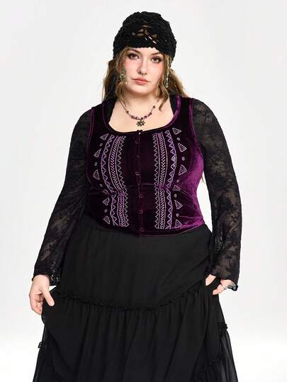 Fairycore Plus Size Autumn/Winter Romantic Vintage Embroidered Shiny Beaded & Sequin Pattern Purple Vest Jacket, Plus Size Vintage Style Palace Party Gathering Outerwear Deep Purple Vest Top For Women, Plus Size Women Sleeveless Beaded Vintage Purple Velvet Vest Jacket