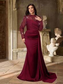 Aureia Plus Size Burgundy Spring Elegant Formal Party Dress, High Collar Pearl Patchwork Satin Long Sleeve Sheer Waist Pleated Mermaid Hem Formal - Burgundy - View 5