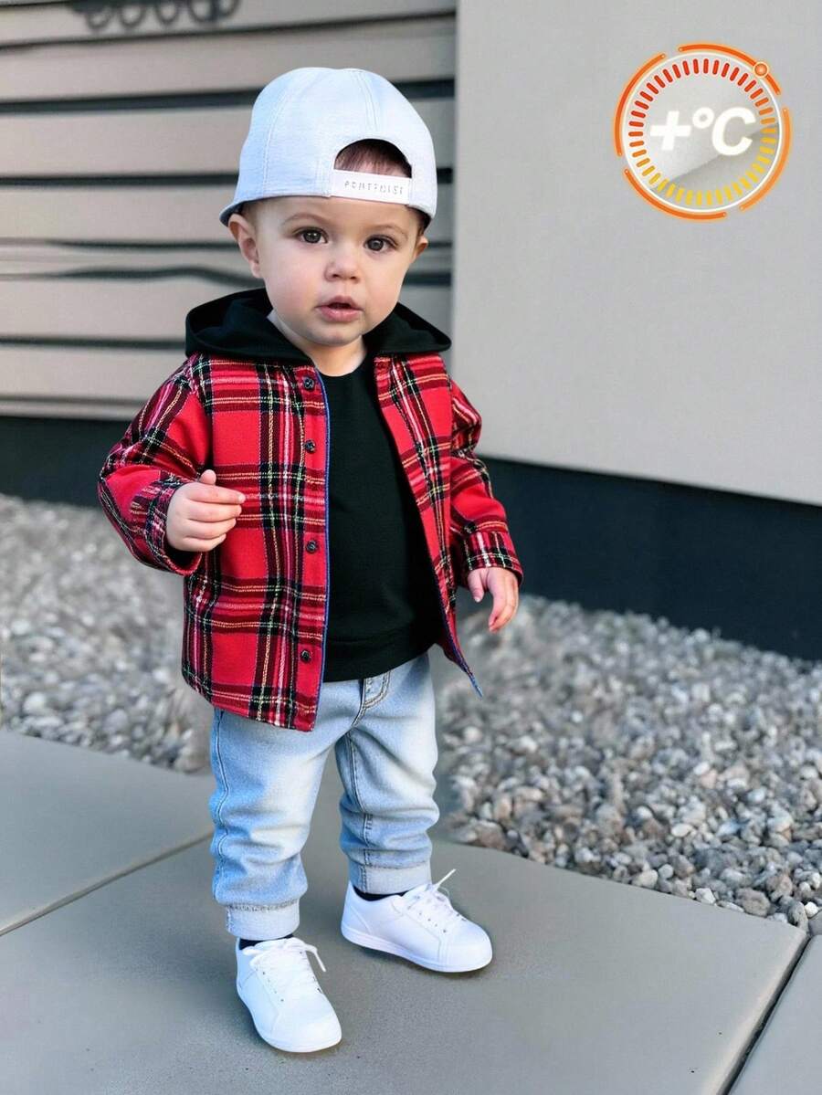 Baby Boy Red Plaid Long Sleeve Shirt,Autumn,Street Life Casual Graphic Street Fashion,Club,Comfortable Versatile Tops,Christmas,Family Matching Set - Red - View 1