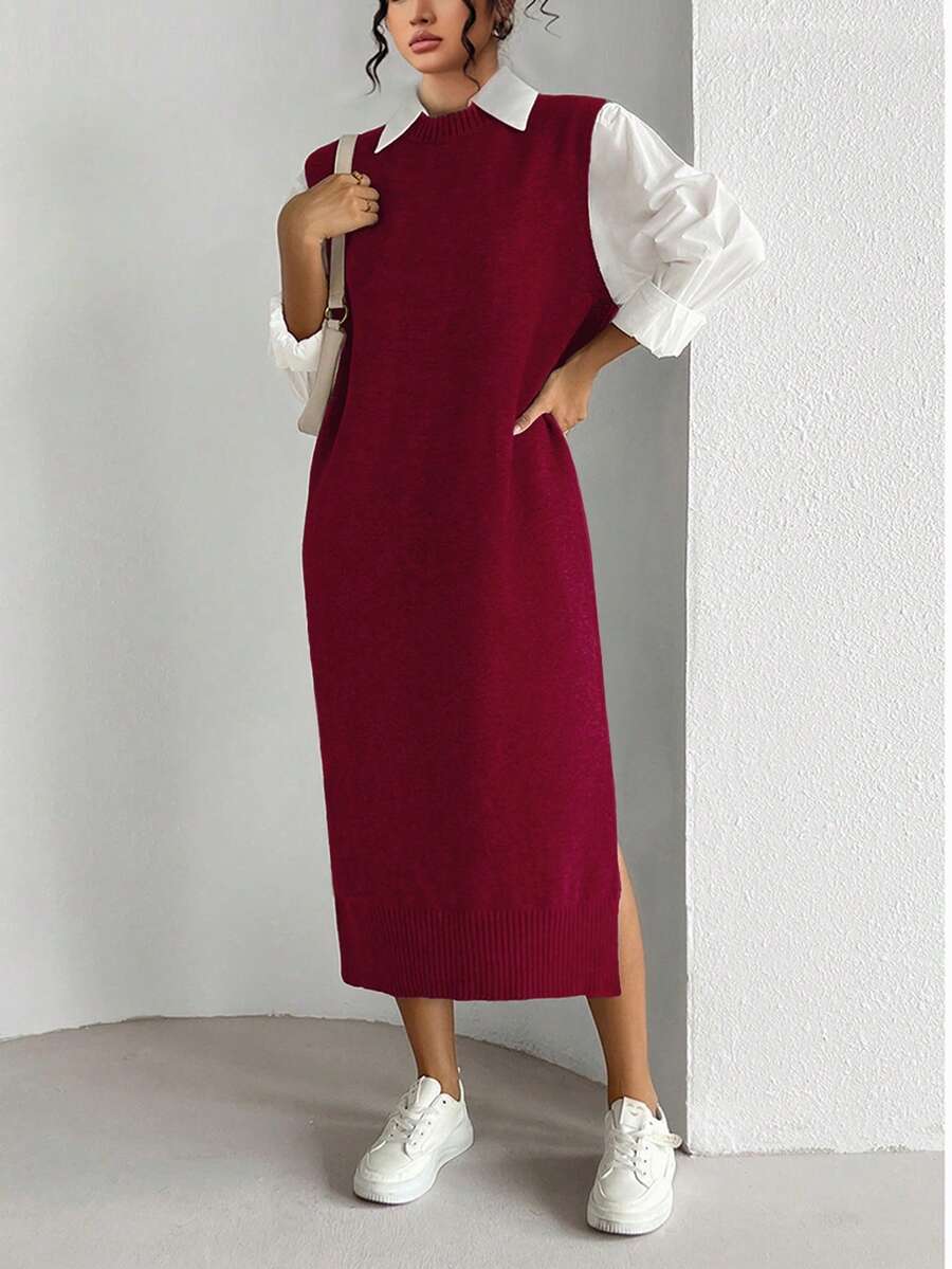 Elenzga Plus Size Women Solid Color Round Neck Sleeveless Side Slit Hem Casual Loose Knitted Dress, Autumn/Winter - Red - View 1