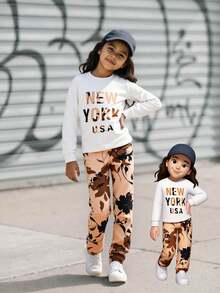 Explorewe Leggings à taille élastique avec imprimé silhouette décontracté pour filles + ensemble 2 pièces avec un haut ample et confortable avec imprimé lettres créatif. Design polyvalent convenant à l'automne, le printemps, l'hiver, pour un usage quotidien, les déplacements, les activités extérieures, les sports, l'école, la rue, les fêtes, la photographie - Multicolore - Voir 2