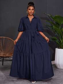 SHEIN CURVE+ 2025 Plus Size Women Solid Color Short Sleeve Spring A-Line Ruched Panel Maxi Dress,Curve Plus ,Hoho Vacation,Fall Clothes For Women - Navy Blue - View 7
