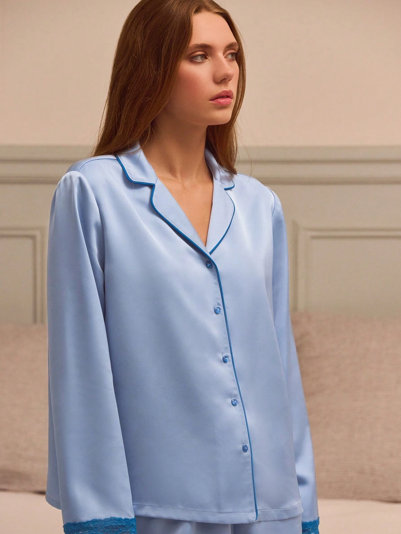 Blue Satin Long Sleeve Button Front Pyjama Top And Shorts Set With Lace Trim Detail Cute Cosy Vintage Style Auutmn Winter