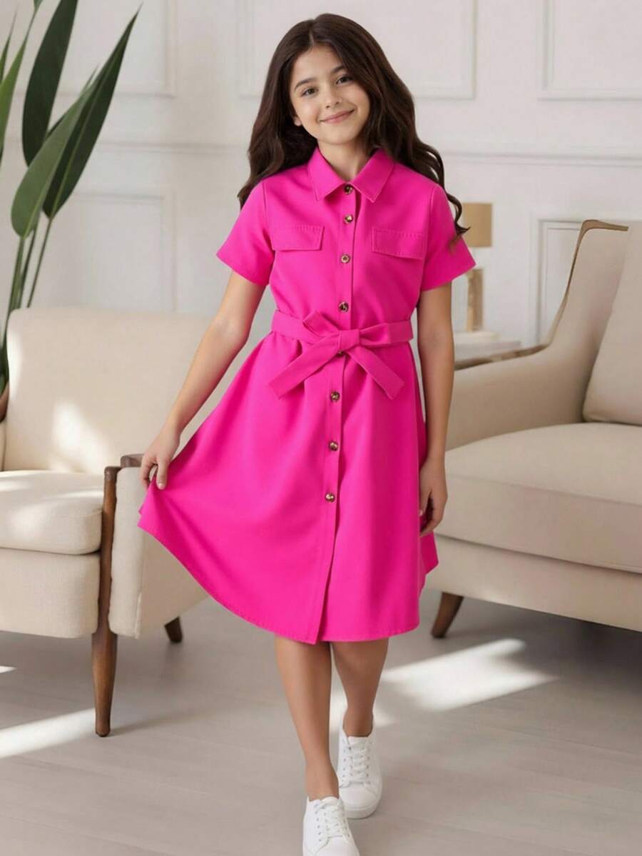 Tween Girl Flap Detail Button Front Belted Shirt Dress - Hot Pink - View 1