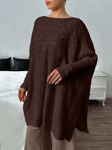 EURMUSE Women Drop Shoulder Cable Rib Knit Sweater Pullover - Chocolate Brown - View 7