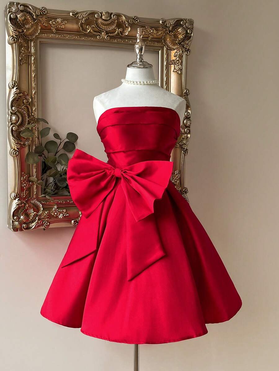 SHEIN Belle 优雅、时尚、流行、精致、浪漫、可爱的女士连衣裙,红色缎带蝴蝶结装饰公主风格连衣裙,适合音乐节、毕业典礼、返校节、派对、鸡尾酒会等,婚礼宾客礼服派对礼服舞会礼服 - 紅色 - 查看 1