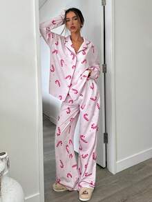 Aloruh Women's Pink Christmas Pajama Set,Cute Long Sleeve Top And Long Pants,Cozy Autumn Lounge Two Piece Set For Women,Winter Clothes New Arrival - Multicolor - View 4