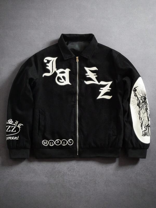 PAVTROS Chaqueta con cremallera de manga larga con estampado de color contrastante para hombre, chaqueta gráfica con cremallera negra Y2K, otoño/invierno