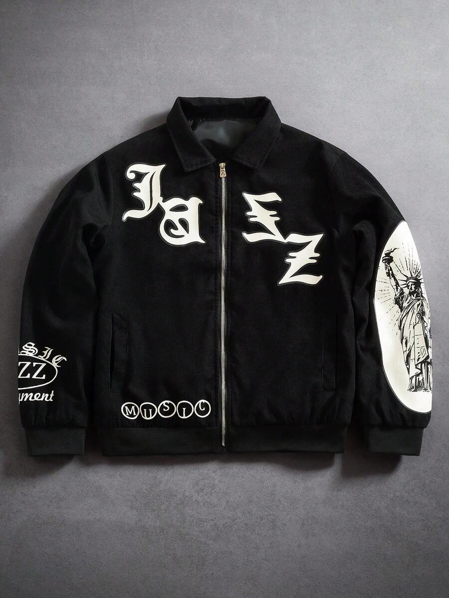 PAVTROS Men's Contrast Color Print Zip-Up Long Sleeve Corduroy Jacket, Y2k Zip Up Black Graphic Jacket, Fall/Winter - Black - View 1