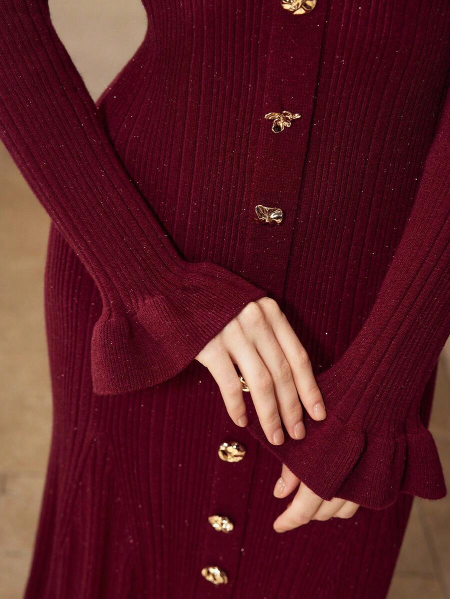 MOTF PREMIUM ELEGANT SINGLE-BREASTED FITTED KNIT DRESS, SLIMMING & FLATTERING - Burgundy - View 2