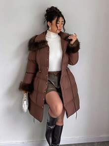 Elenzga Casaco Longo Acolchoado com Colarinho de Pele, Cintura com Cordão, Retalhos, Casual Plus Size, Outono/Inverno