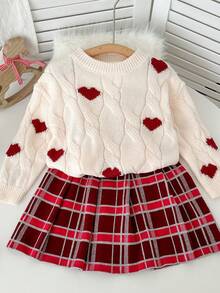 Genkimix Kids Kleine Mädchen Lässig Schul-Stil Set mit Herz Muster, weitem Pullover mit Drop Shoulder und kariertem plissiertem Rock, Herbst/Winter
