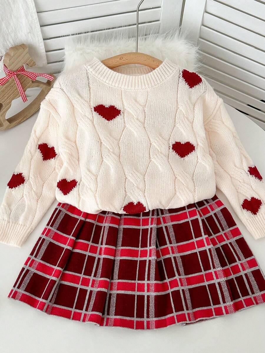 Genkimix Kids Kleine Mädchen Lässig Schul-Stil Set mit Herz Muster, weitem Pullover mit Drop Shoulder und kariertem plissiertem Rock, Herbst/Winter