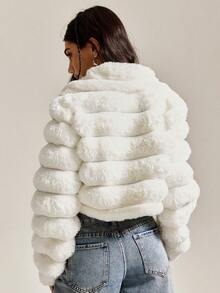 Easelle 白领优雅长袖仿皮草夹克，秋冬 - 白色 - 查看 2