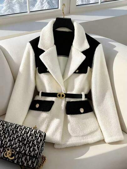 GlowEve 女式休闲时尚撞色翻领翻盖口袋泰迪羊毛夹克配腰带，秋冬