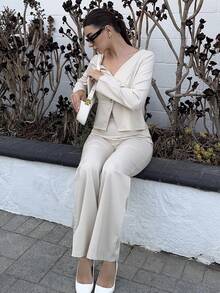 Andrea Bello Set elegant de sacou și pantaloni pentru femei, cu mânecă lungă, stil business/navetă, potrivit pentru vară, Ziua Independenței, absolvire, întoarcerea la școală - Caisă - Vizualizare 5