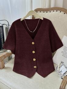 Modelyn Plus Size Solid Color V-Neck Button Front Casual Versatile Short Sleeve Sweater In Fall/Winter - Burgundy - View 1