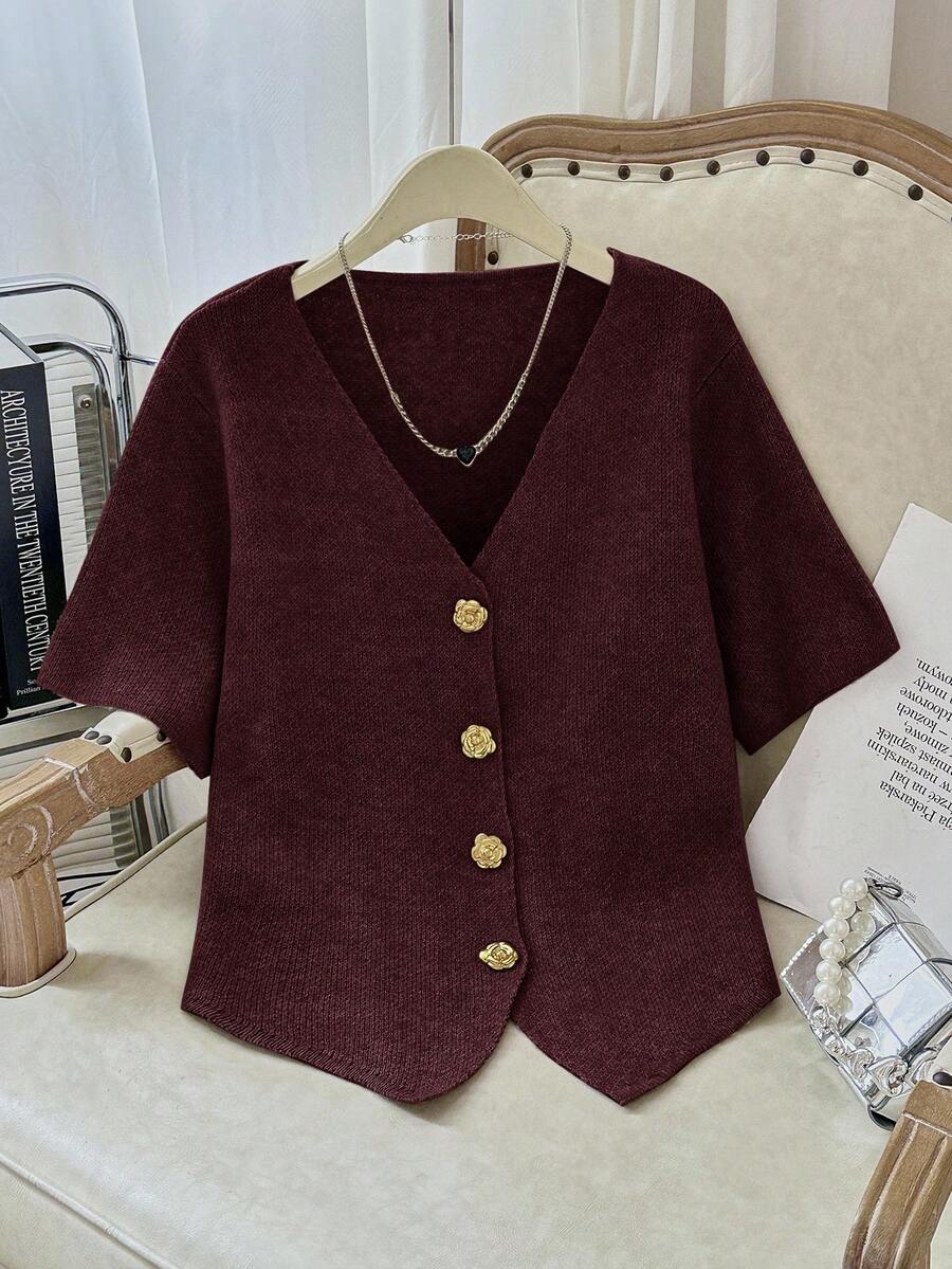 Modelyn Plus Size Solid Color V-Neck Button Front Casual Versatile Short Sleeve Sweater In Fall/Winter - Burgundy - View 1