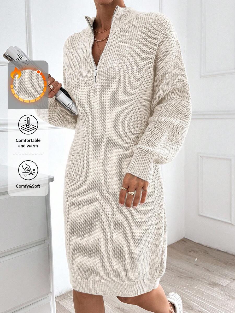 EURMUSE Damen einfarbiges Strickkleid mit Reißverschlussdetails - Beige - Übersicht 1