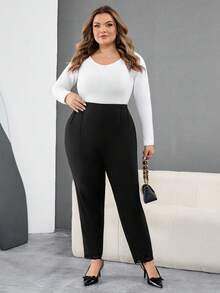 SHEIN CURVE+ Plus Size Women's Hot Stamping Tight Pants, Suitable For Parties And Casual Wear - Black - View 8