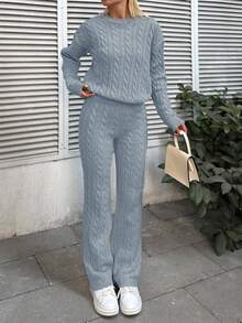 SHEIN Cottnline Solid Color Drop Shoulder Cable Knit Sweater And Knitted Pants Two Piece Set - Baby Blue - View 3