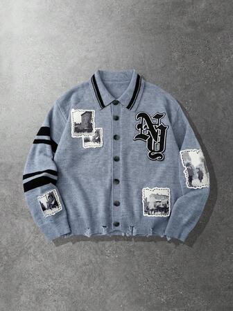 Street Life Men's Casual Preppy Embroidered Applique Long Sleeve Cardigan, Autumn/Winter