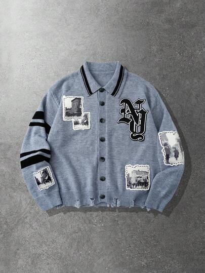 Street Life Cardigan casual à manches longues avec appliqué brodé pour hommes, automne/hiver