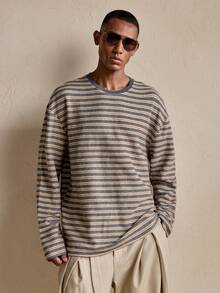 AKNOTIC Men's Striped Print Crew Neck Casual Versatile Long Sleeve T-Shirt