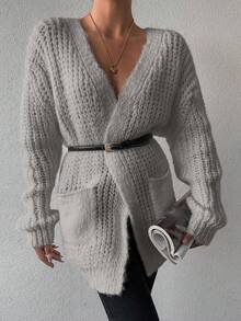 SHEIN Double Pocket Solid Color Cardigan - Beige - View 3