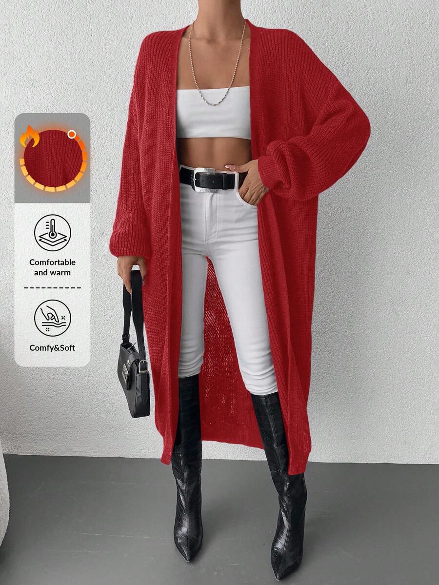 EURMUSE 純色落肩開襠羊毛衫外套 - 紅色 - 查看 1