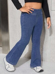 SHEIN 少女蓝色牛仔弹力紧身喇叭裤 - 深色水洗藍 - 查看 3